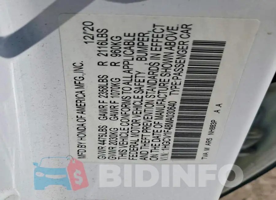 1HGCV1F48MA030640 Photo# 12