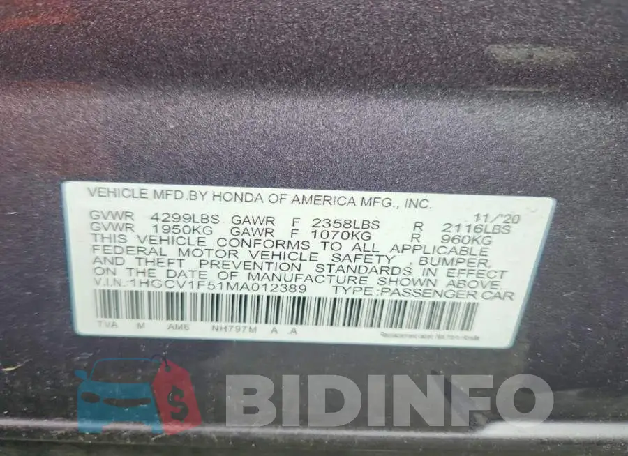 1HGCV1F51MA012389 Photo# 13