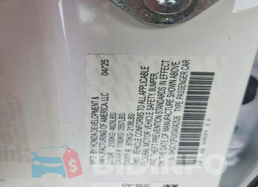 1HGCY2F6XSA042526 Photo# 12