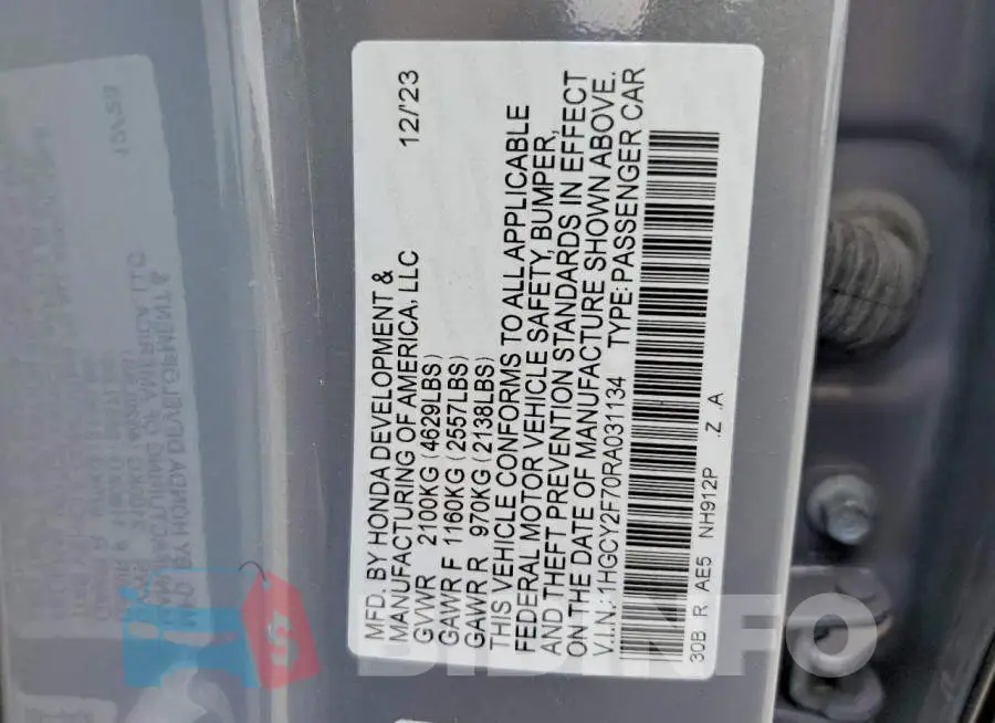 1HGCY2F70RA031134 Photo# 12