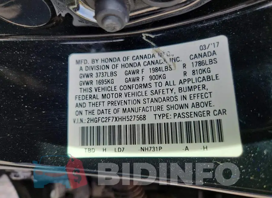 2HGFC2F7XHH527568 Photo# 12