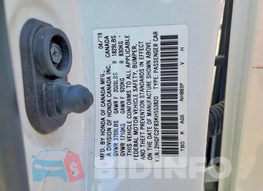 2HGFC2F83KH553820 Photo# 12