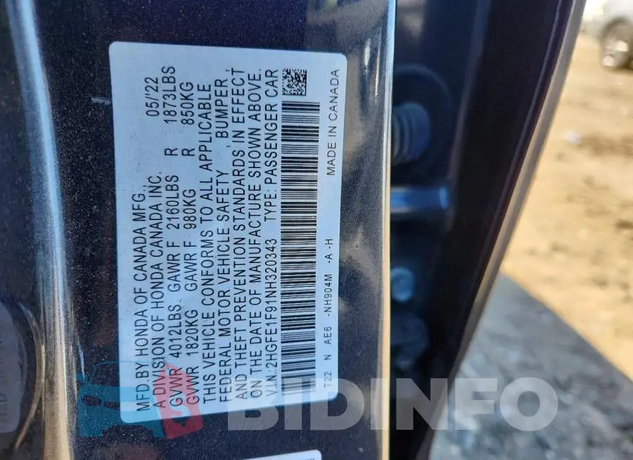 2HGFE1F91NH320343 Photo# 12
