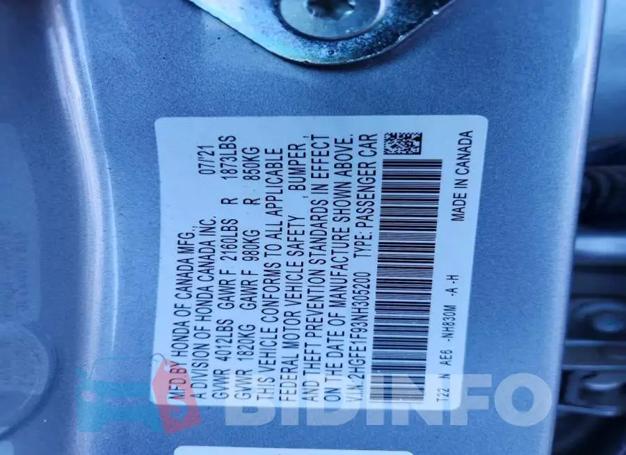 2HGFE1F93NH305200 Photo# 13