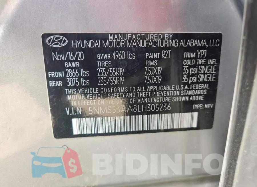 5NMS53AA8LH305236 Photo# 14