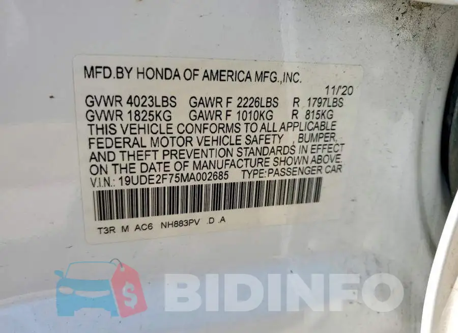 19UDE2F75MA002685 Photo# 12