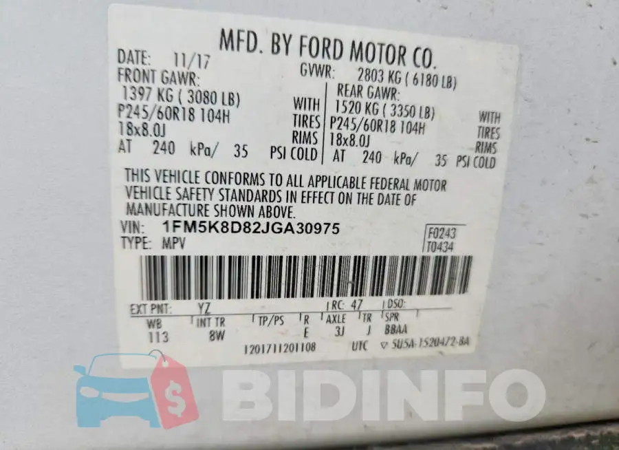 1FM5K8D82JGA30975 Photo# 13