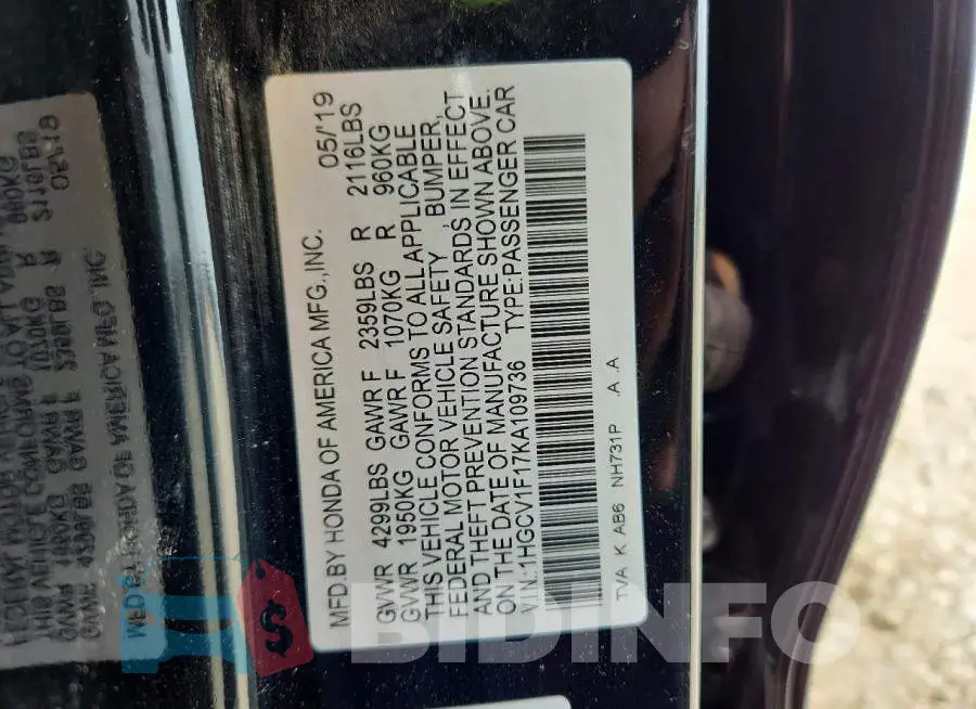 1HGCV1F17KA109736 Photo# 12