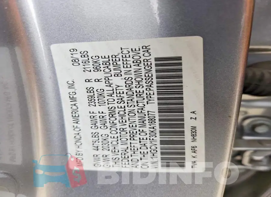 1HGCV1F30KA168077 Photo# 13