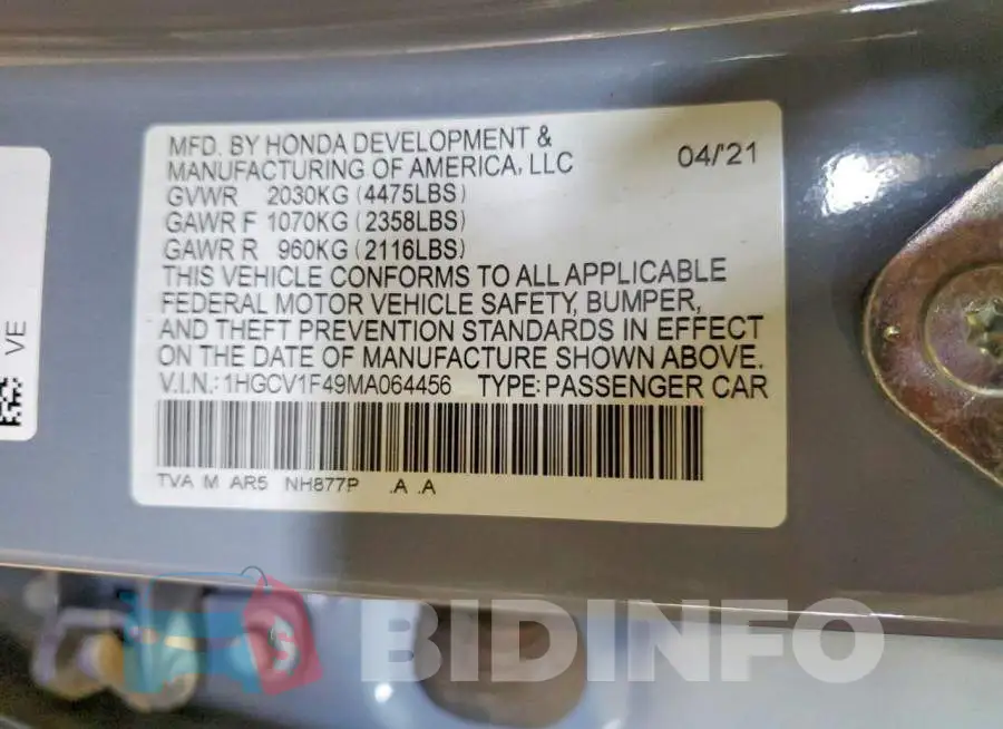 1HGCV1F49MA064456 Photo# 12