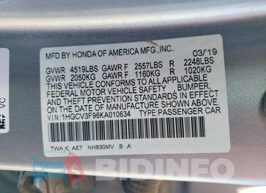 1HGCV3F96KA010634 Photo# 12