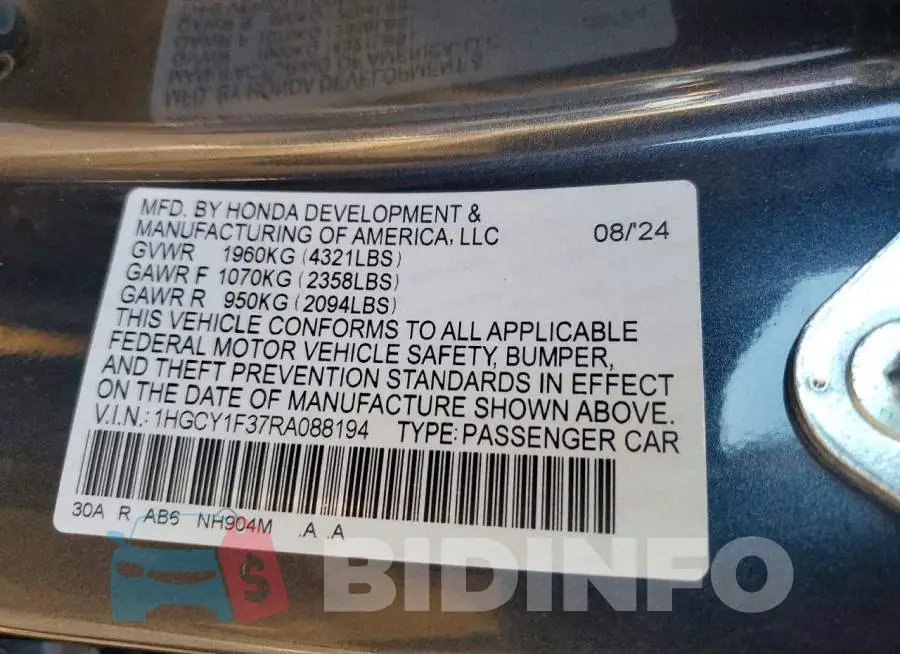 1HGCY1F37RA088194 Photo# 12