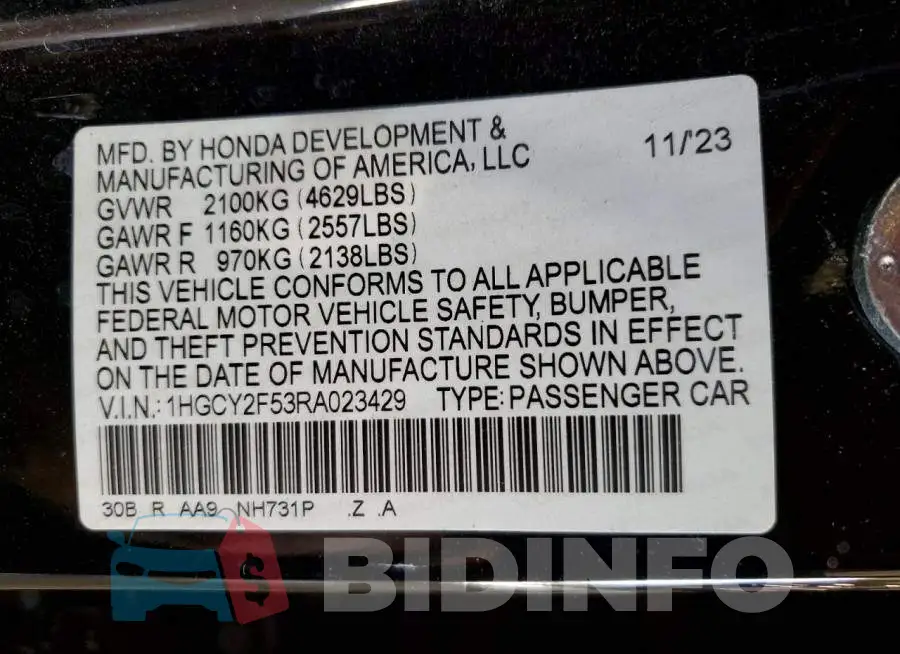 1HGCY2F53RA023429 Photo# 13