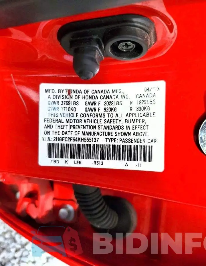 2HGFC2F64KH555137 Photo# 13