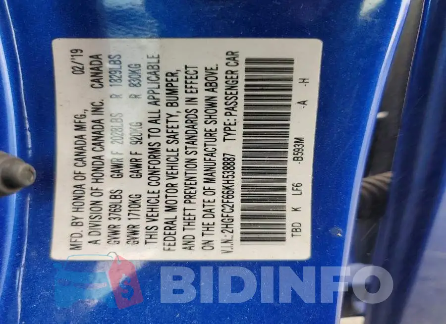 2HGFC2F66KH538887 Photo# 12