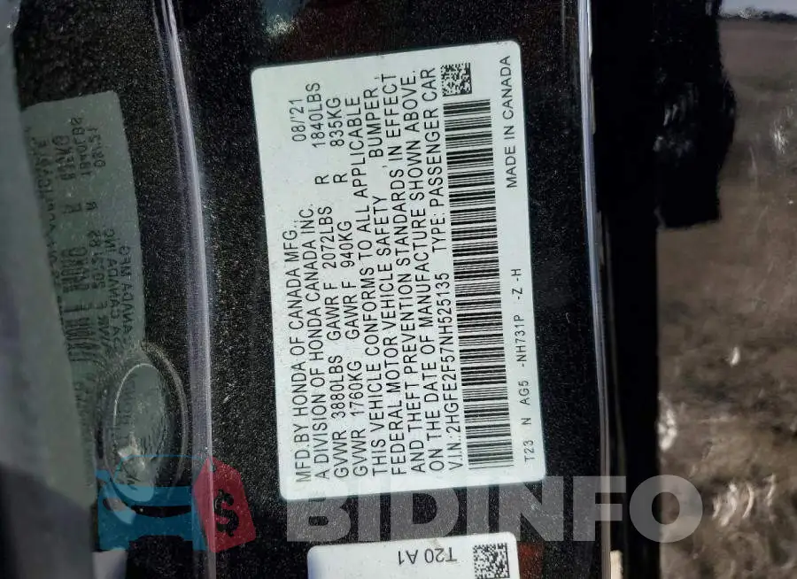 2HGFE2F57NH525135 Photo# 12