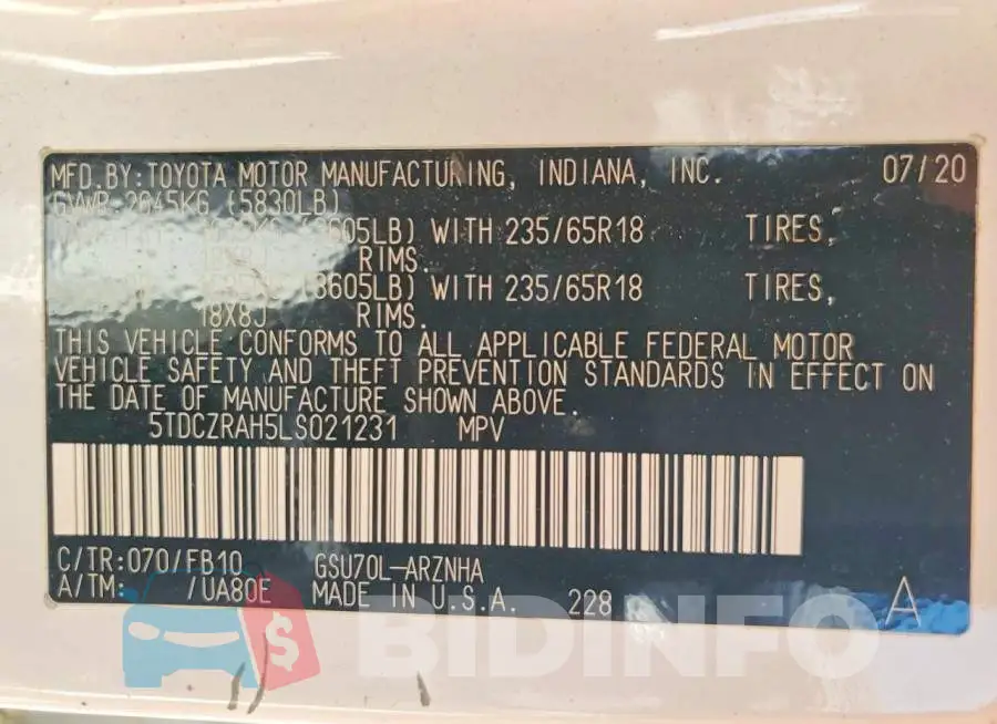 5TDCZRAH5LS021231 Photo# 13