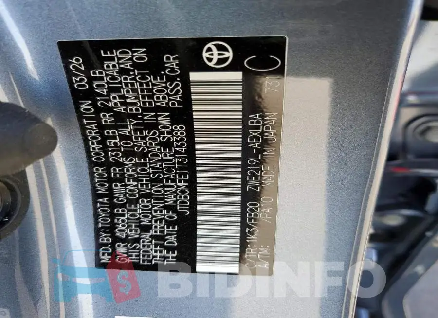 JTDBCMFE1T3143388 Photo# 13