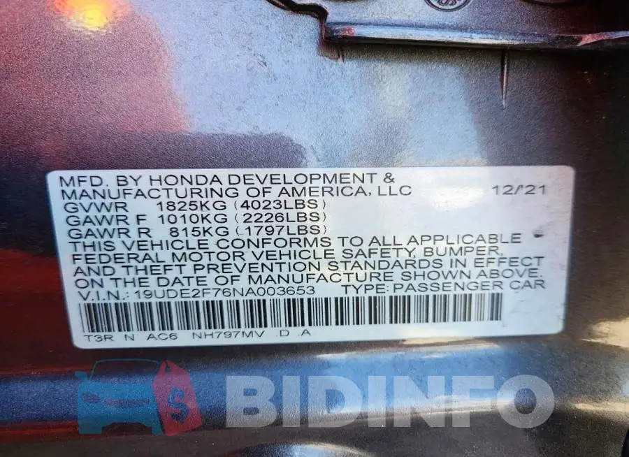 19UDE2F76NA003653 Photo# 13
