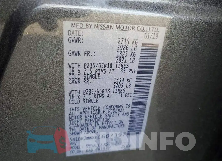 5N1DR2MNXKC607397 Photo# 13