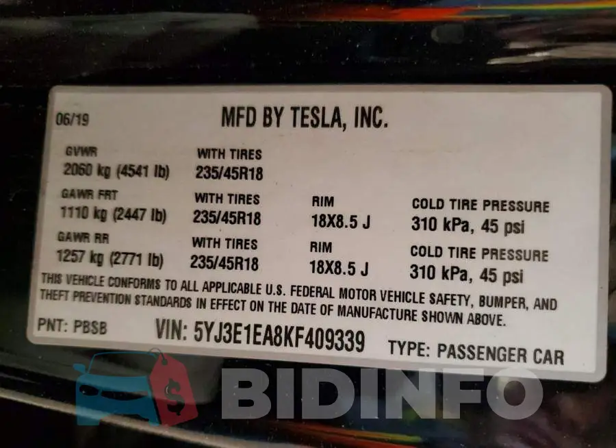 5YJ3E1EA8KF409339 Photo# 12