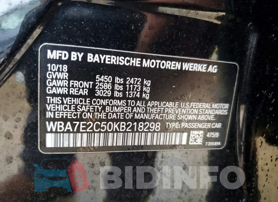 WBA7E2C50KB218298 Photo# 12