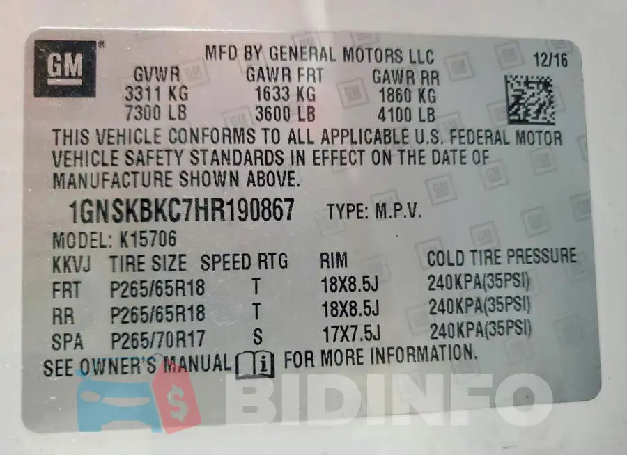 1GNSKBKC7HR190867 Photo# 14