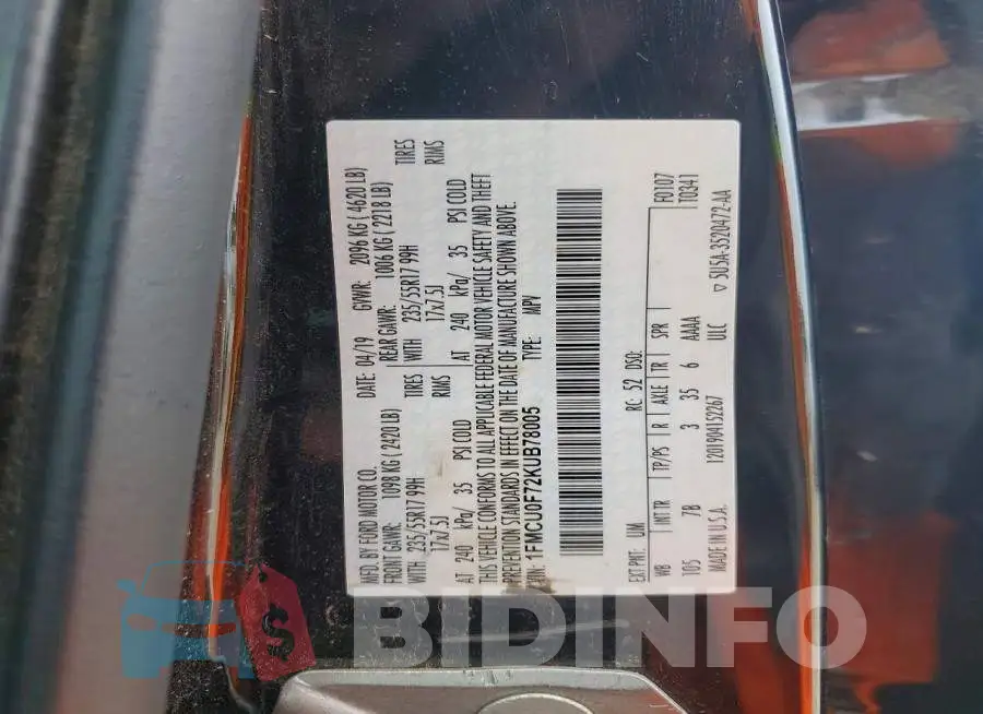1FMCU0F72KUB78005 Photo# 13