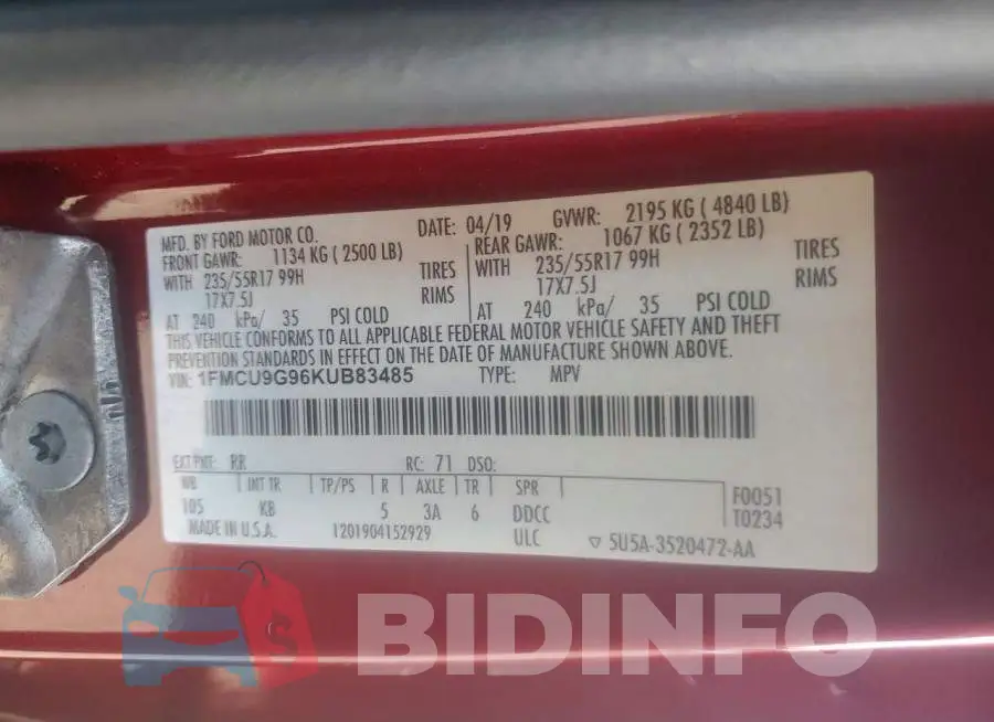 1FMCU9G96KUB83485 Photo# 13