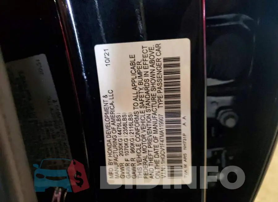 1HGCV1F47MA119907 Photo# 12