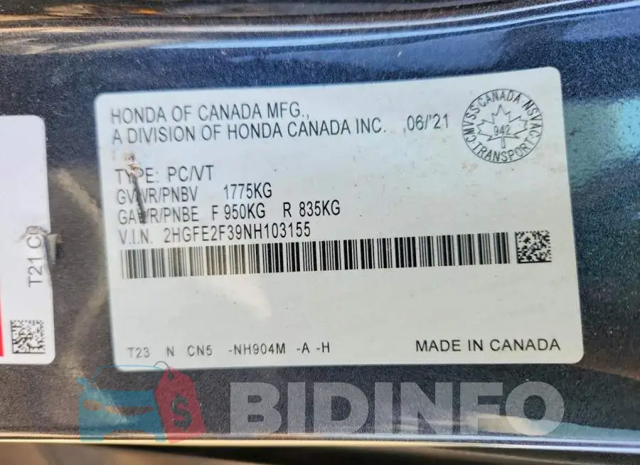 2HGFE2F39NH103155 Photo# 12