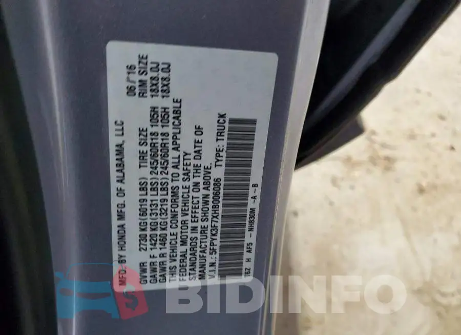5FPYK3F7XHB006086 Photo# 12
