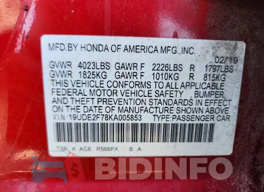 19UDE2F78KA005853 Photo# 12