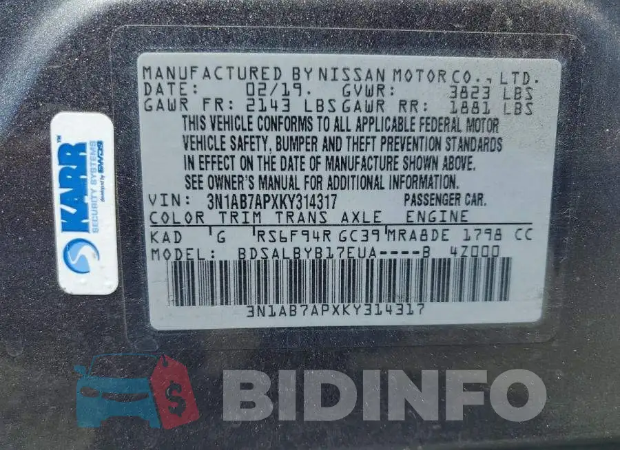 3N1AB7APXKY314317 Photo# 13