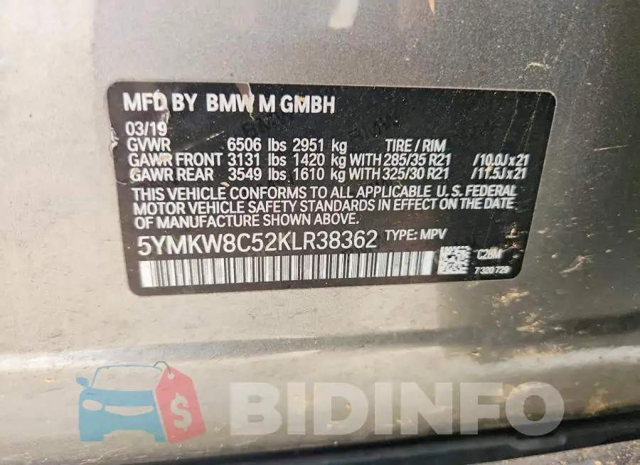 5YMKW8C52KLR38362 Photo# 12
