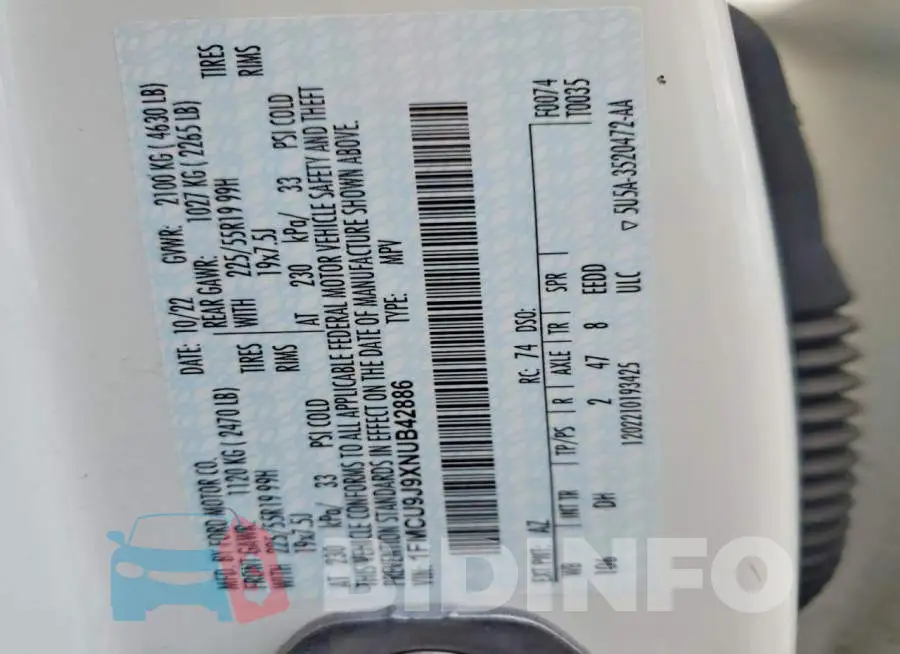 1FMCU9J9XNUB42886 Photo# 14