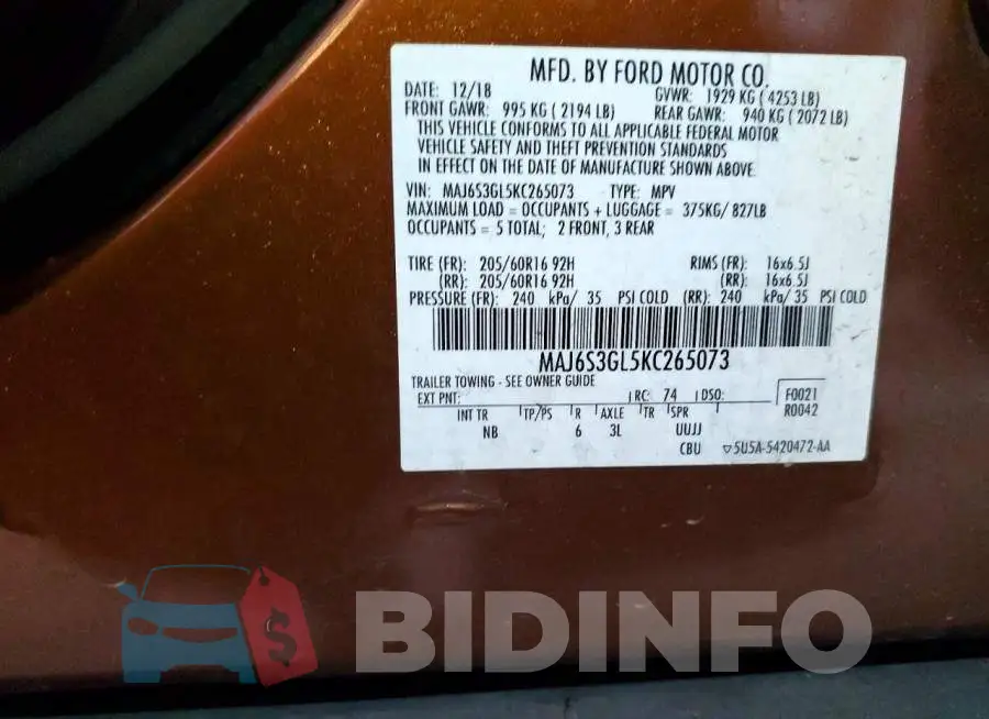 MAJ6S3GL5KC265073 Photo# 13