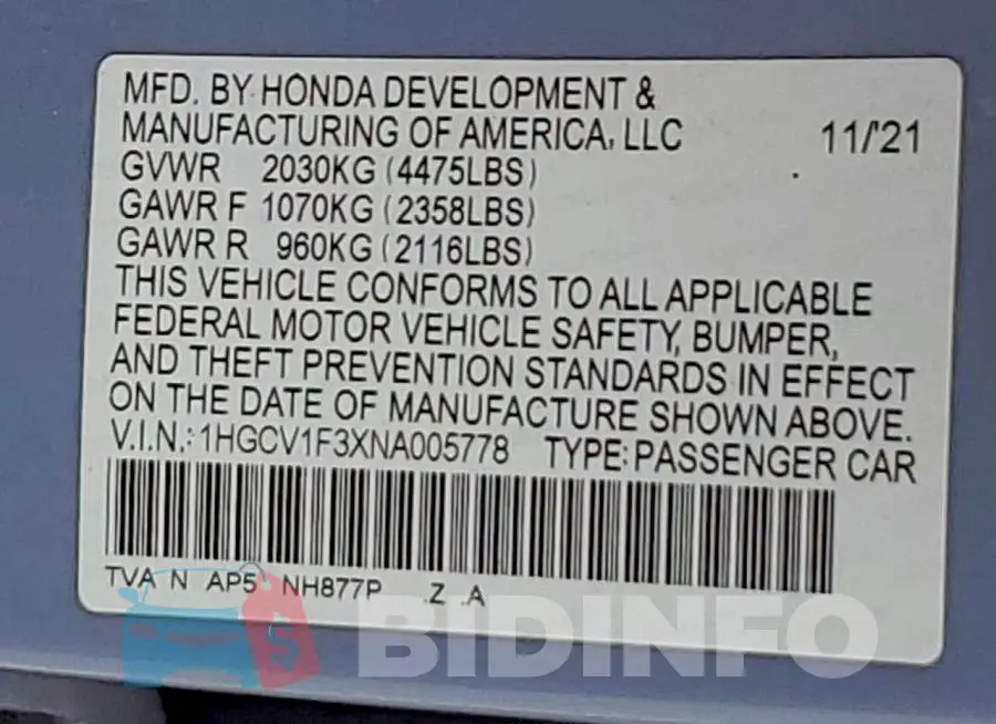 1HGCV1F3XNA005778 Photo# 12