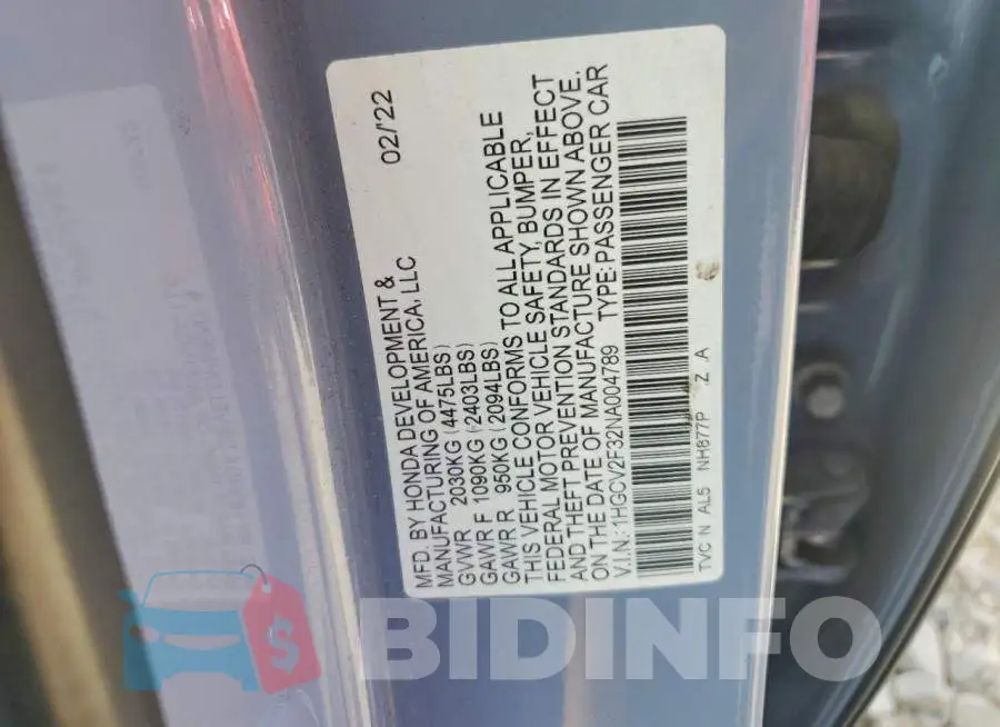 1HGCV2F32NA004789 Photo# 12