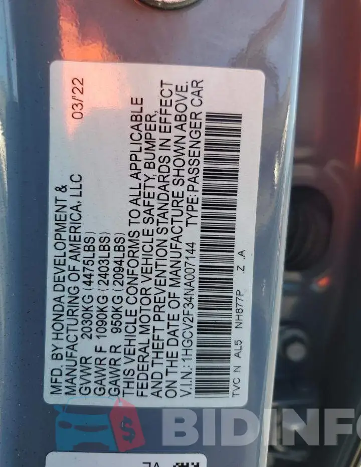 1HGCV2F34NA007144 Photo# 13