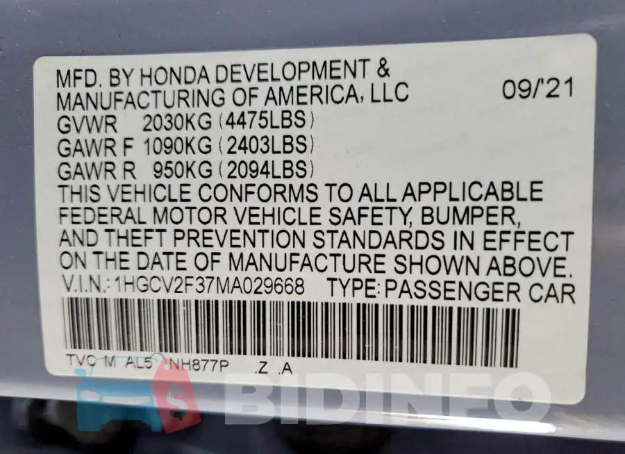 1HGCV2F37MA029668 Photo# 12