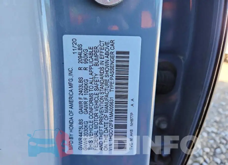 1HGCV2F91MA005631 Photo# 12