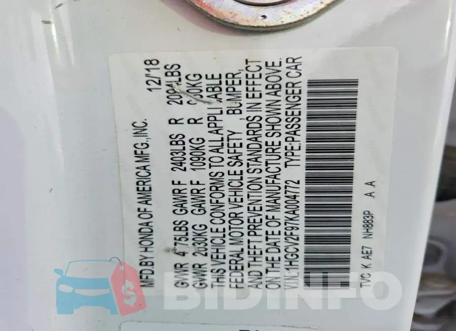 1HGCV2F97KA004772 Photo# 12