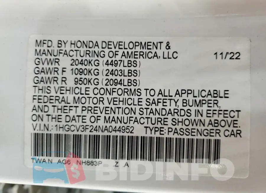 1HGCV3F24NA044952 Photo# 12