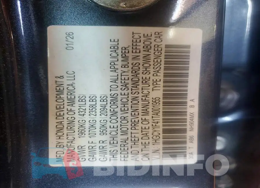 1HGCY1F41TA001955 Photo# 12
