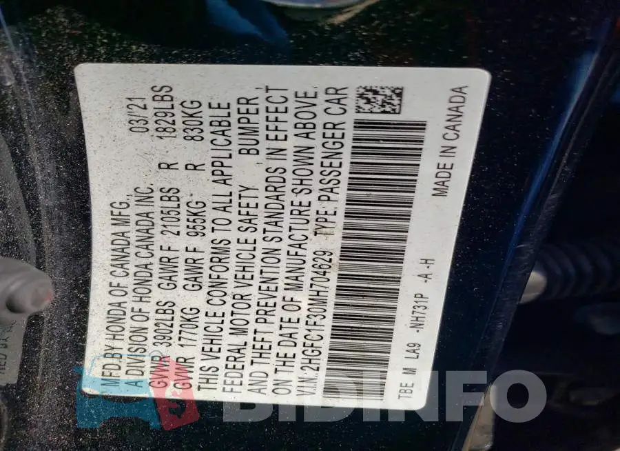 2HGFC1F30MH704629 Photo# 13