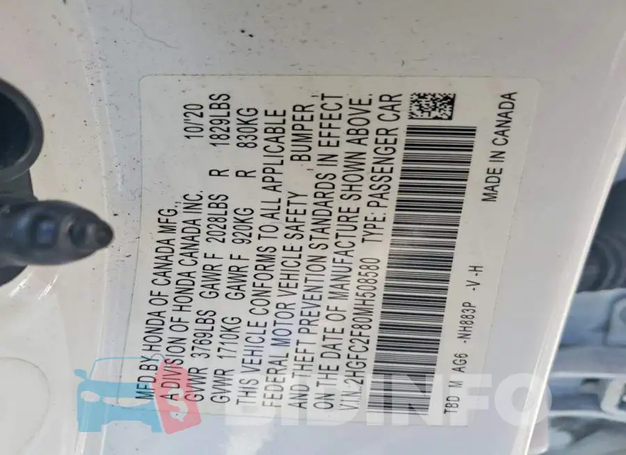 2HGFC2F80MH508580 Photo# 12