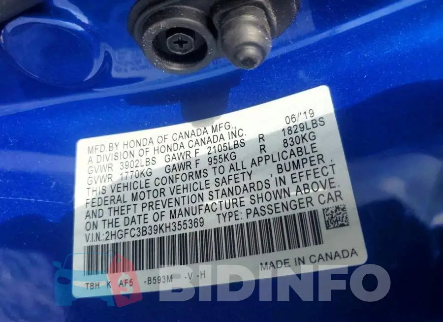 2HGFC3B39KH355369 Photo# 12