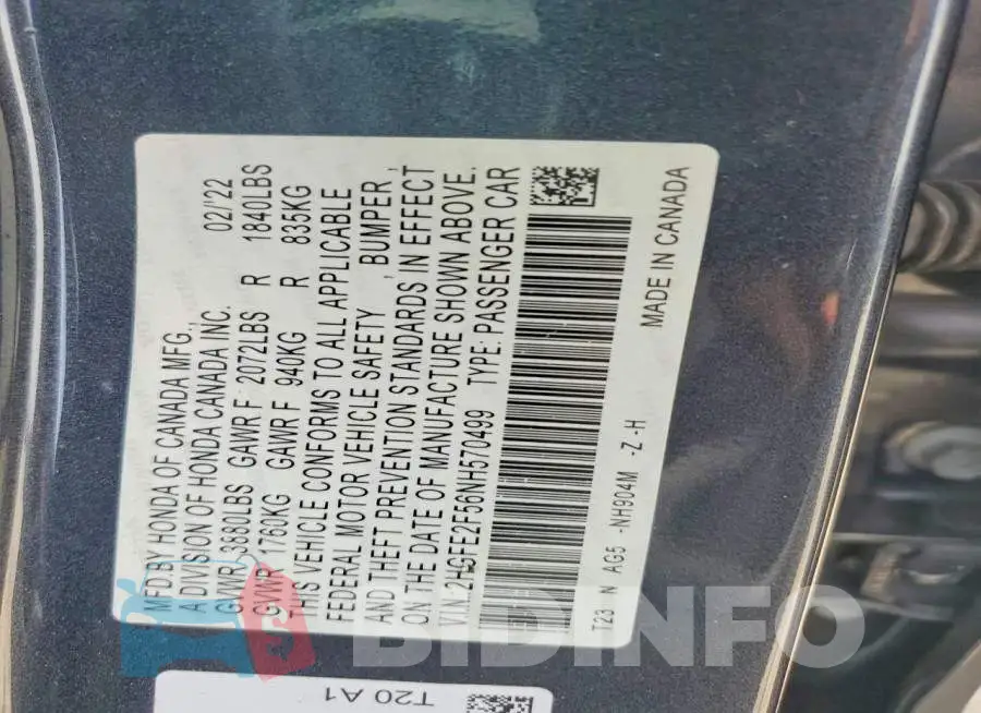 2HGFE2F56NH570499 Photo# 12