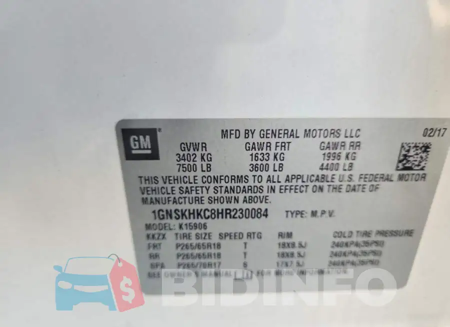 1GNSKHKC8HR230084 Photo# 14